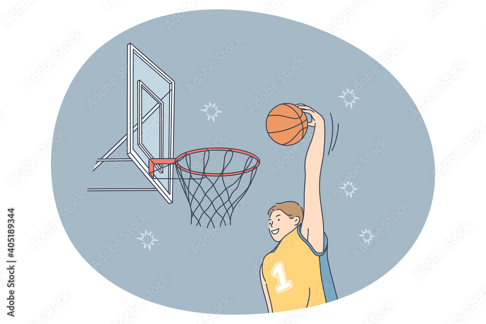 Basketball player, sport, team competition concept. Young smiling man basketball player in uniform showing slam dunk in jump during competition game in championship vector illustration 
