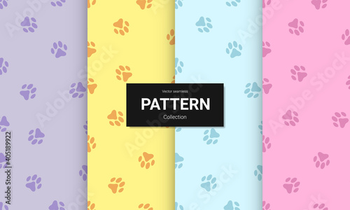 Set of Paw print seamless texture. Textile pattern cat footprints. Cat footprint seamless pattern. Vector illustration