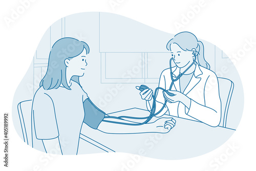 Cardiologist and measuring blood pressure concept. Young woman doctor therapist cardiologist measuring pulse and blood pressure of young woman patient in medical clinic office vector illustration 