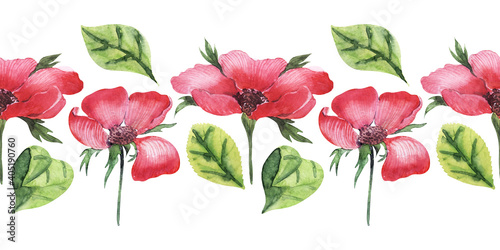 Watercolor seamless  border with rosehip plant. Leaves  twigs  flowers and buds