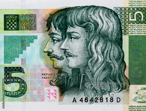 Petar Zrinski 1621-1671 and Fran Krsto Frankopan 1643-1771 Portrait from Croatia 5 Kuna 2001 Banknotes. photo