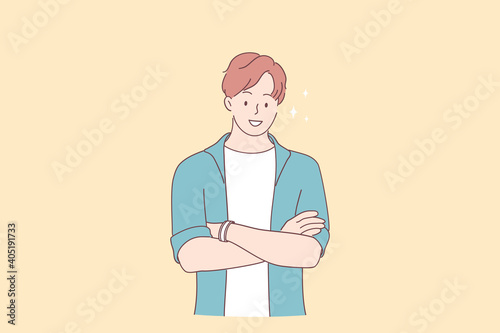 Positive person and emotion concept. Young smiling boy wearing casual clothing standing with crossed arms and looking at the camera vector illustration 