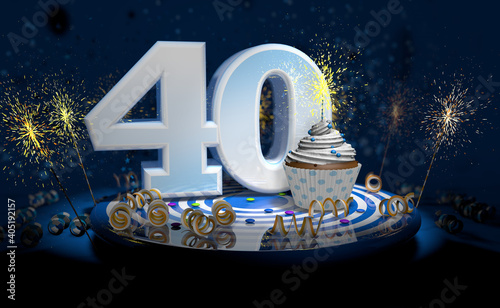 40th birthday or anniversary cupcake with big white number with yellow streamers on blue table with dark background full of sparks. 3d illustration