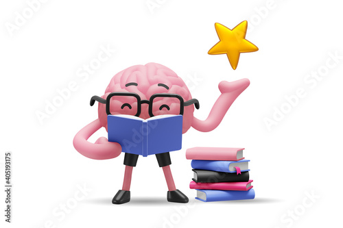 3d illustration of brain cute character in glasses