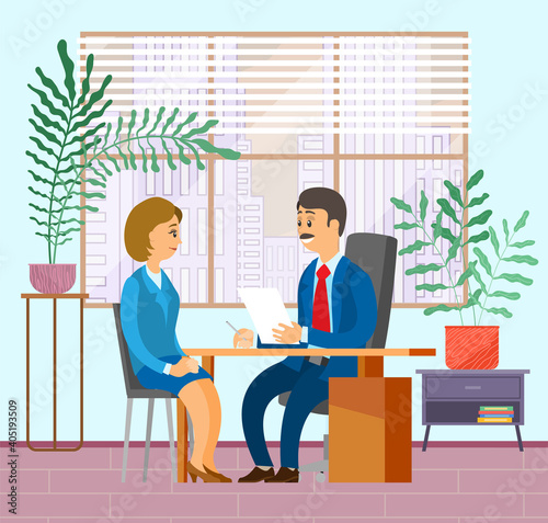 Business meeting or working process. Smiling man sitting in office at a table holding a document talking to woman. Project management and teamwork concept. Businesswoman make a financial report