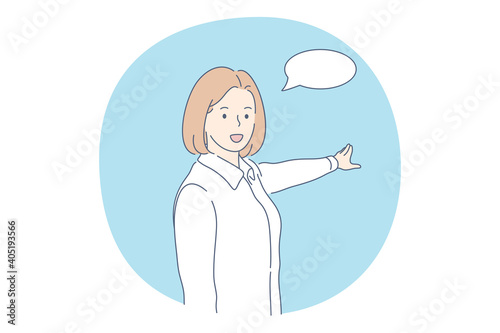 Demonstration, communication, gesture concept. Young positive smiling woman cartoon character telling something with bubble and pointing aside with hand vector illustration