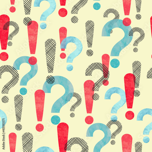Seamless pattern with watercolor question and exclamation marks. Vector illustration.