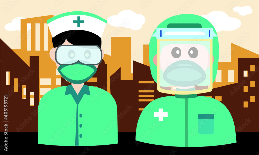 Vector of medical team using prevention equipment from coronavirus or Covid 19 infection. Vector of medical team using prevention equipment from coronavirus or Covid 19 infection.