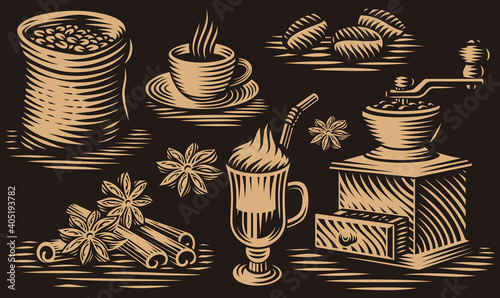 A bundle of black and white vector illustration for a coffee theme in engraving style.