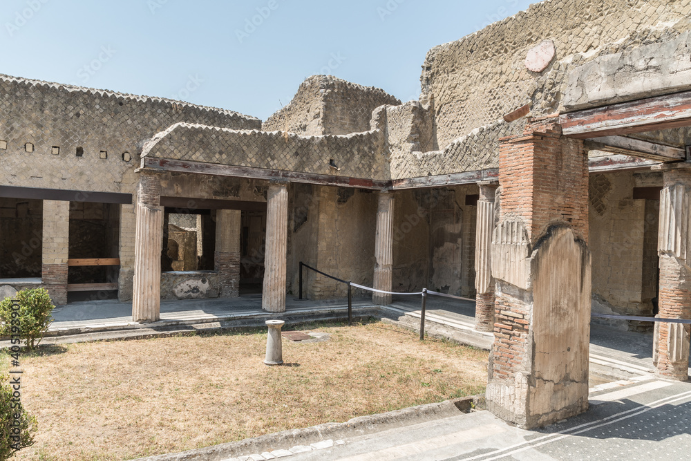 Casa del salone nero (House of the black room) in Ercolano - Herculaneum, ancient Roman town destroyed by the eruption of the Mount Vesuvius or Vesuvio volcano