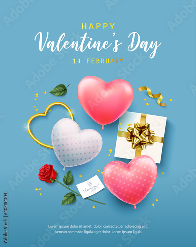 Happy Valentine's Day Banner, flyer, poster, greeting card with realistic design elements, gift box, metal hearts, balloons in the shape of heart, strewn with confetti. Romantic background