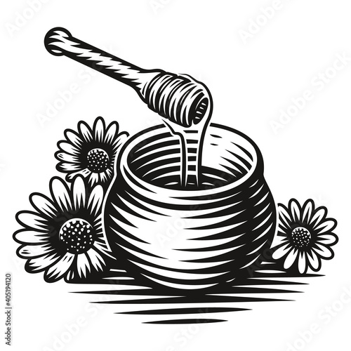 A black and white vector illustration of a honey pot in engraving style on white background