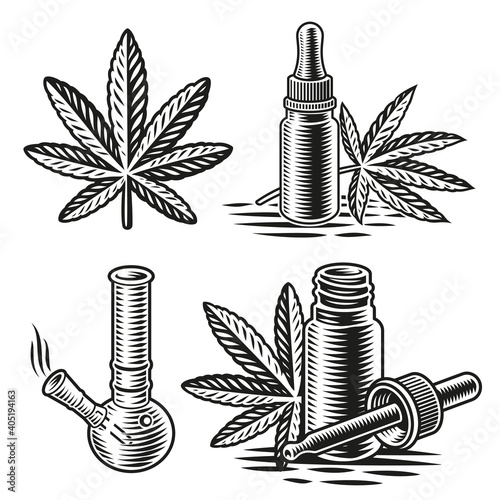 A set of black and white vector illustrations for cannabis theme in engraving style.