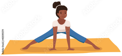Young dark skinned girl doing stretching warm up exercise. Vector cartoon illustration girl doing fitness, monitors his health isolated on white background. Development flexibility, healthy lifestyle