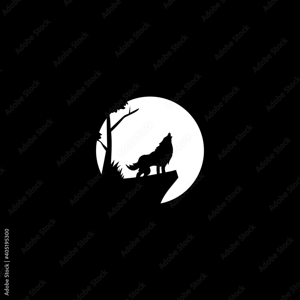 Wolf Howling in the Moonlight. Wild animal at night graphic design illustration.