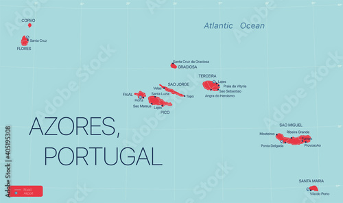 Azores islands, Portugal, detailed editable map with cities and towns, roads and railways. Vector EPS-10 file photo