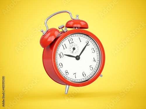 3D rendering red alarm clock isolated on yellow background