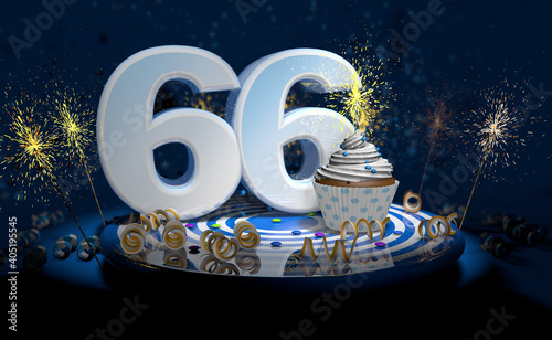 66th birthday or anniversary cupcake with big white number with yellow streamers on blue table with dark background full of sparks. 3d illustration