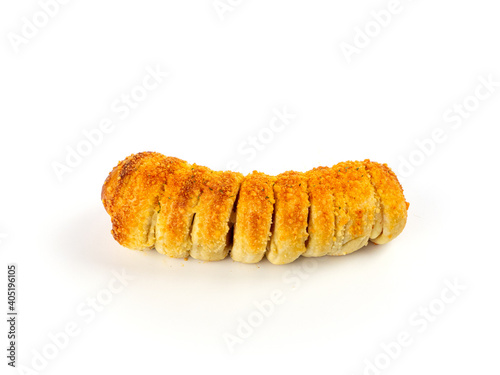 One bread with Sausage on white background. Isolated picture. Homemade bakery concept.