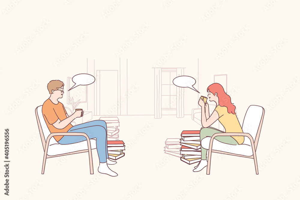 Coffee break, rest and relax concept. Two friends students workers or colleagues sitting communicating and drinking tea or coffee together during break or lunch time vector illustration