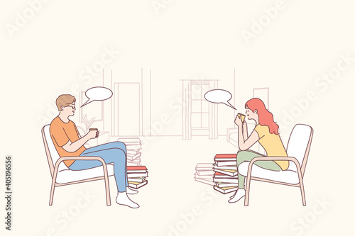 Coffee break, rest and relax concept. Two friends students workers or colleagues sitting communicating and drinking tea or coffee together during break or lunch time vector illustration