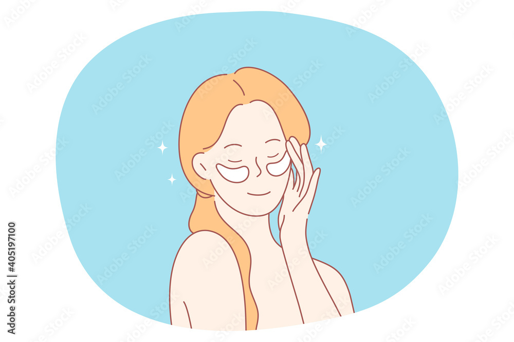 Beauty, cosmetics, home skincare concept. Young smiling woman cartoon character using eye patches in morning for looking good and fresh vector illustration. Dermatology, cosmetology Beauty, cosmetics, home skincare concept. Young smiling woman cartoon character using eye patches in morning for looking good and fresh vector illustration. Dermatology, cosmetology