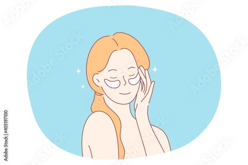 Beauty, cosmetics, home skincare concept. Young smiling woman cartoon character using eye patches in morning for looking good and fresh vector illustration. Dermatology, cosmetology