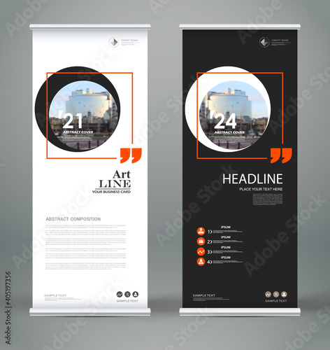 Abstract composition. White roll up brochure cover design. Info banner frame. Text font. Title sheet model set. Modern vector front page. City view brand flag. Circle figures icon. Ad flyer fiber