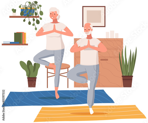 Elderly people doing yoga exercises in different poses together at home. Healthy active lifestyle retiree. Sport for grandparents, elder fitness, yoga for seniors. Man and woman engaged in athletics