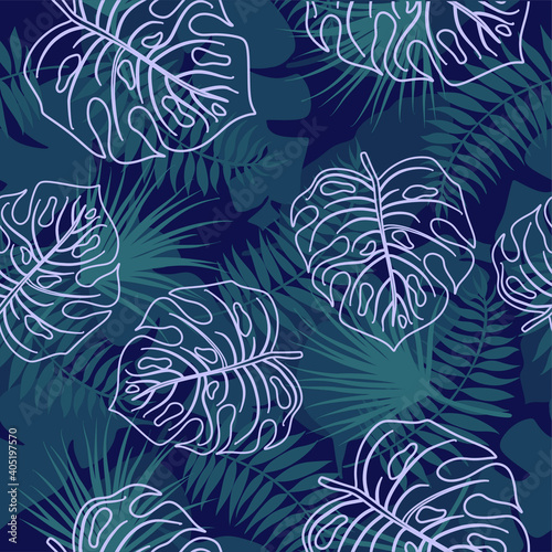 Seamless tropical pattern with white contour monstera leaves. Exotic monstera leaves on a dark background from tropical leaves. Jungle leaves seamless vector floral pattern background