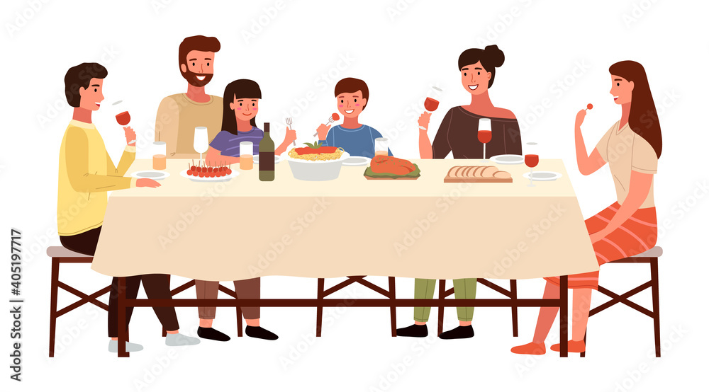 Family at an Italian-style evening dinner. Relatives are communicating at the dining table. Table with pasta and meat steak. Parents drink red wine and children eat snacks. People eating italian food