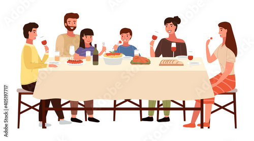 Family at an Italian-style evening dinner. Relatives are communicating at the dining table. Table with pasta and meat steak. Parents drink red wine and children eat snacks. People eating italian food