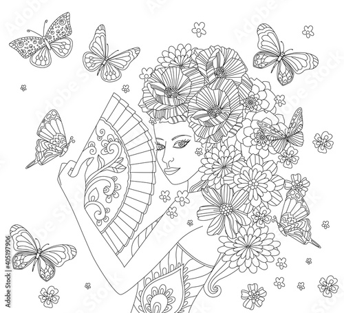 beauty chinese girl with floral hairstyle holding a fan for your