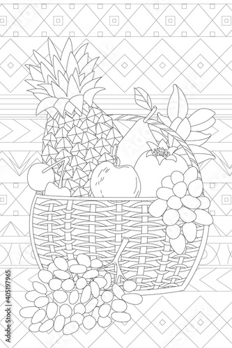 basket with fresh fruits against patchwork pattern for your colo