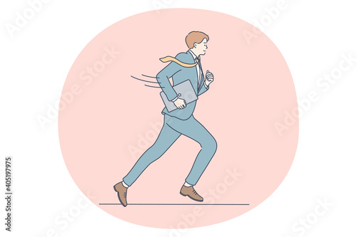 Deadline, time management, business development concept. Young businessman cartoon character in suit and tie running to meeting feeling late with laptop or briefcase in hands vector illustration
