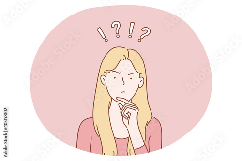 Frustration, doubt, having no idea concept. Young confused woman cartoon character standing and expressing frustration with difficult situation trying to find solution in head vector illustration