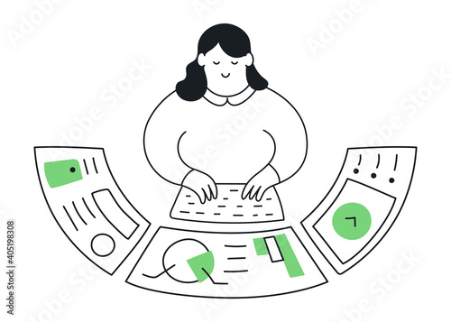 Outline cartoon lady working with the difficult control system, dashboard with charts, analytical information, technological platform. Flat line isolated editable vector illustration on white.