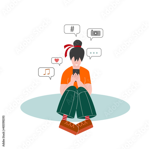 Casual weared teenager girl sits with mobile smartphone and takes messages surfing Internet. Social media, Internet connection, online communication. 