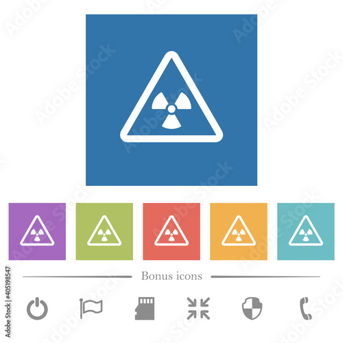 Nuclear warning flat white icons in square backgrounds