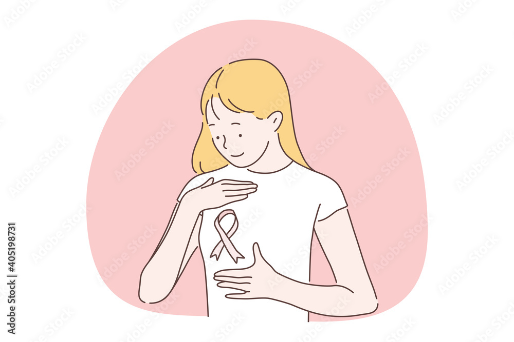 Awards ribbons and pride concept. Smiling young girl cartoon character standing and looking at victory or union sign ribbon on t-shirt and feeling proud and cheerful vector illustration Awards ribbons and pride concept. Smiling young girl cartoon character standing and looking at victory or union sign ribbon on t-shirt and feeling proud and cheerful vector illustration