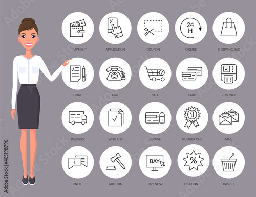 Communication thin line icons. Businesswoman with set of contact and payment icons, connection methods illustration. Young pretty woman wearing business clothes and outline web icons celling set