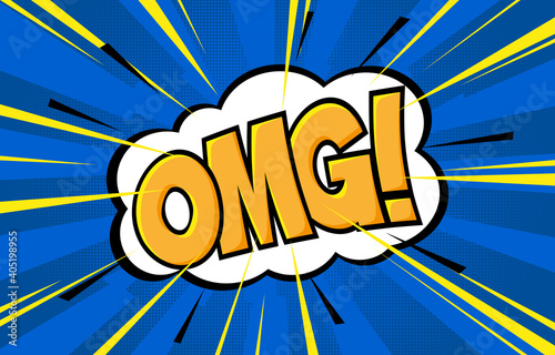 Halftone pop art comic background. Speech bubble with omg text. Stock vector illustration.