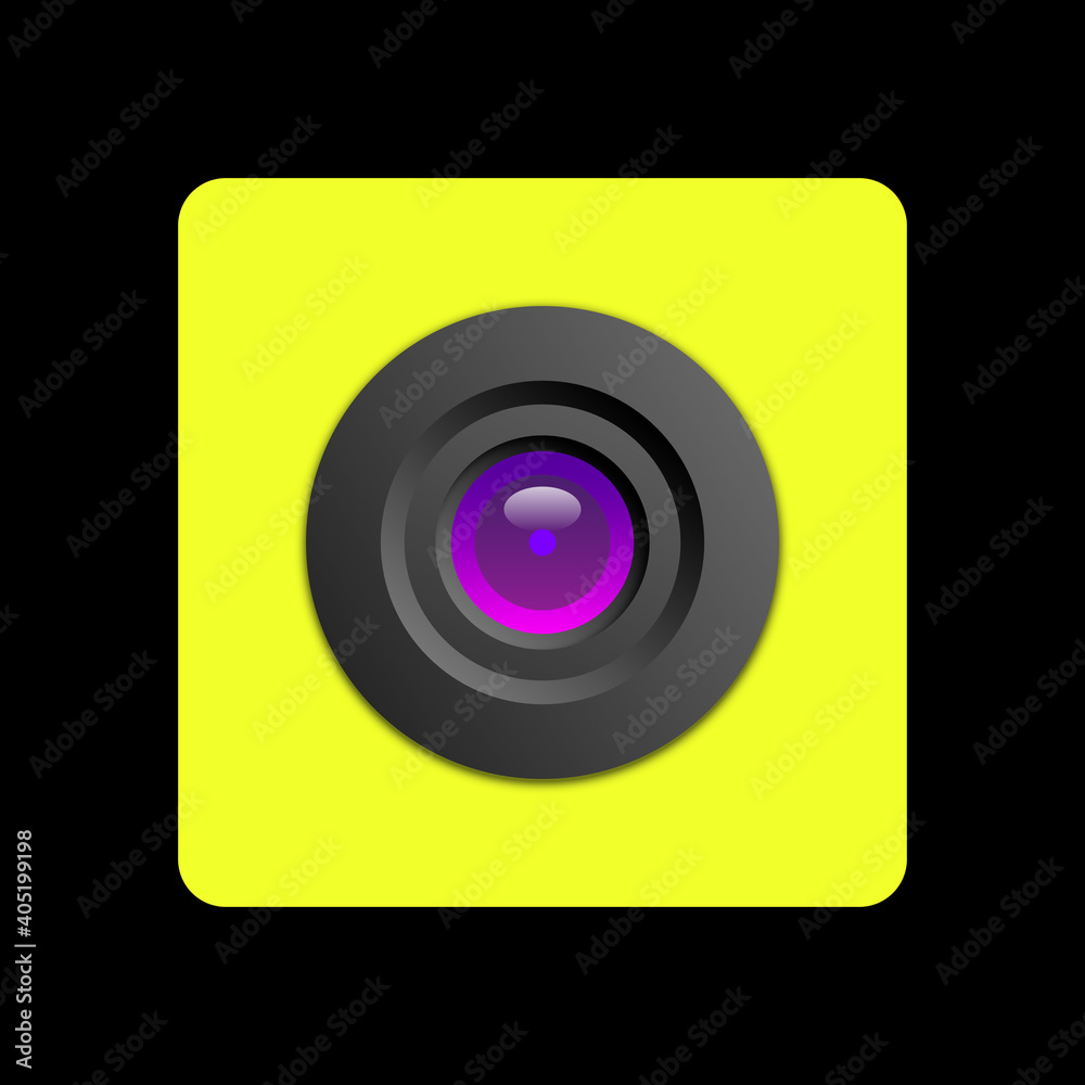 An object in the form of a camera with a lens in a yellow case is depicted. An object in the form of a camera with a lens in a yellow case is depicted.