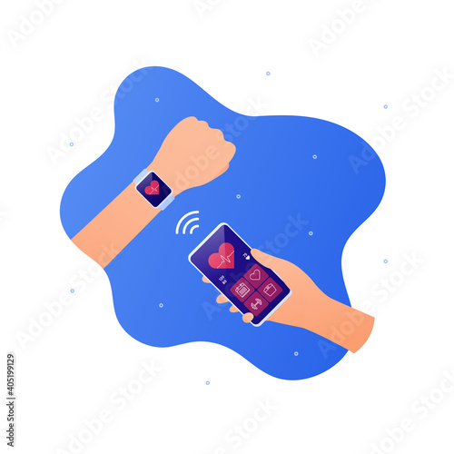 Health tracker app technology concept. Vector flat illustration. Hand holding smartphone and smart watch connect wireless. Heartbeat, calendar, heartshape, fitness symbol on screen.