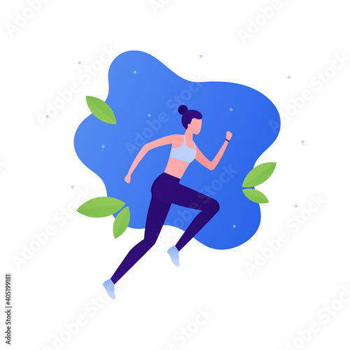 Run exercise workout concept. Vector flat illustration. Young female runner in sport training outfit on blue background. Leaf eco symbol. Woman jogging. Health energy lifestyle.
