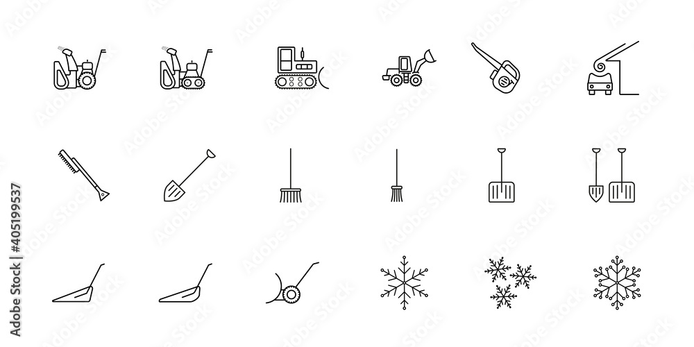 Naklejka premium A set of simple vector icons on the theme of snow removal. There are such icons as a snow plow, a blower, a tractor, a loader, a scraper, a shovel, a broom, a brush, an avalanche