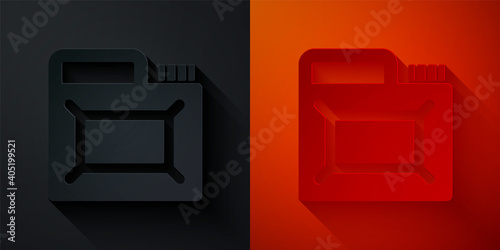 Paper cut Canister for motor machine oil icon isolated on black and red background. Oil gallon. Oil change service and repair. Engine oil sign. Paper art style. Vector.