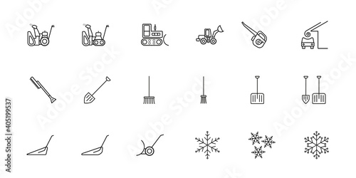 A set of simple vector icons on the theme of snow removal. There are such icons as a snow plow, a blower, a tractor, a loader, a scraper, a shovel, a broom, a brush, an avalanche