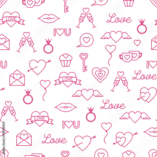 Valentine’s Day seamless background. Love and wedding outline icons set. Stock vector illustration.