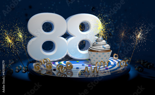 88th birthday or anniversary cupcake with big white number with yellow streamers on blue table with dark background full of sparks. 3d illustration photo